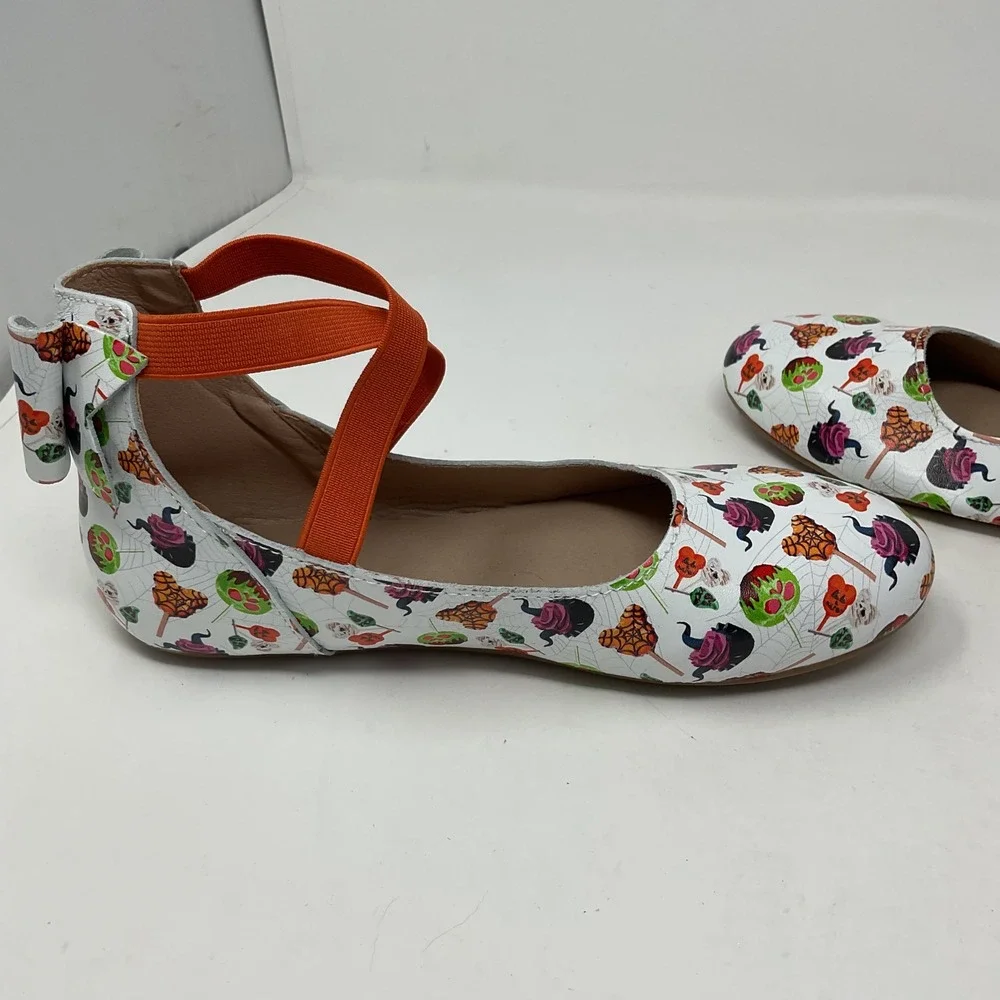 Monkey Feet Halloween Leather Ballet Flats Orange Elastic Straps Bows Size 37